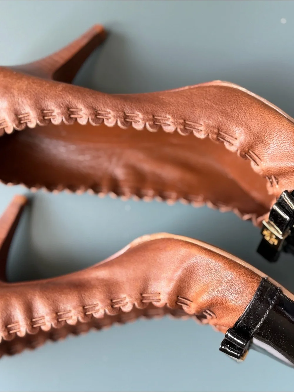Tory Burch Brown Leather Heels with Black Patent Cap Toe